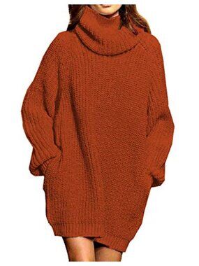 Oversized Turtleneck Long Sleeve Chunky Knit Sweater Dress Pockets